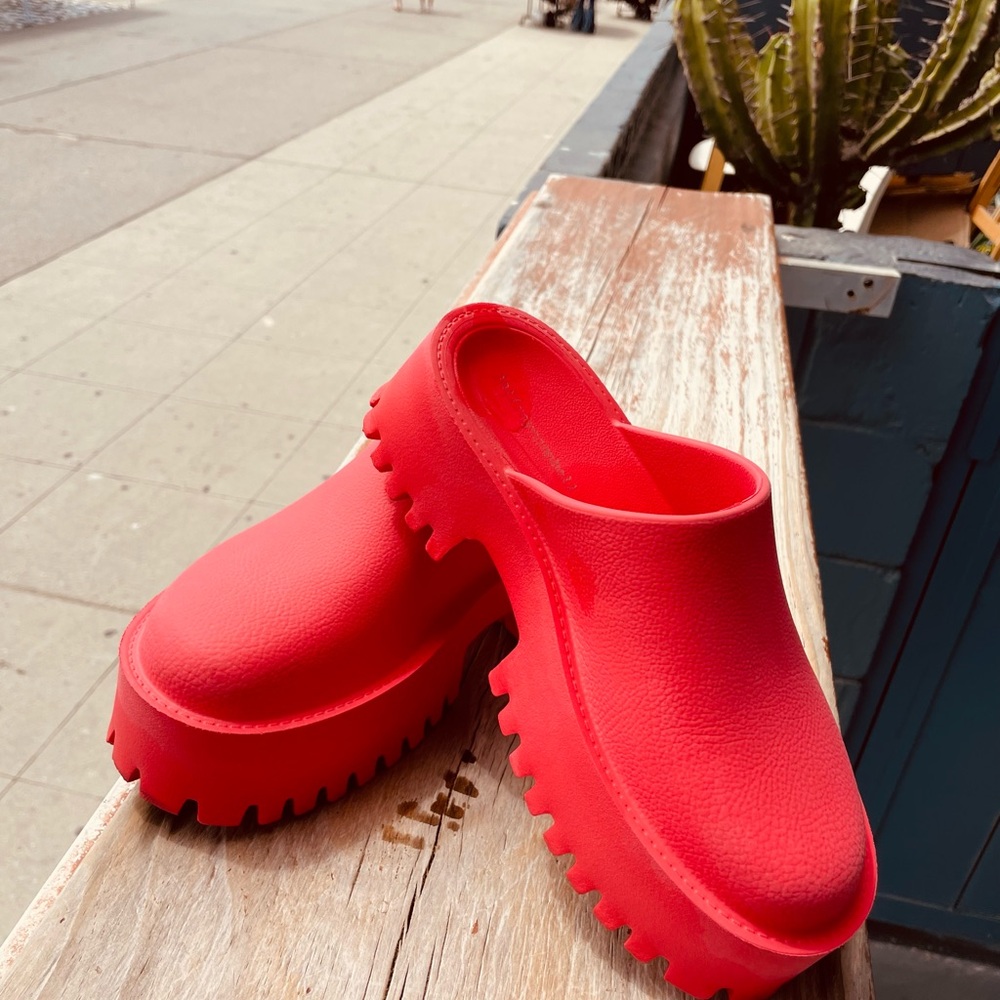 Jeffrey Campbell Red Slippers with Chunky Platform